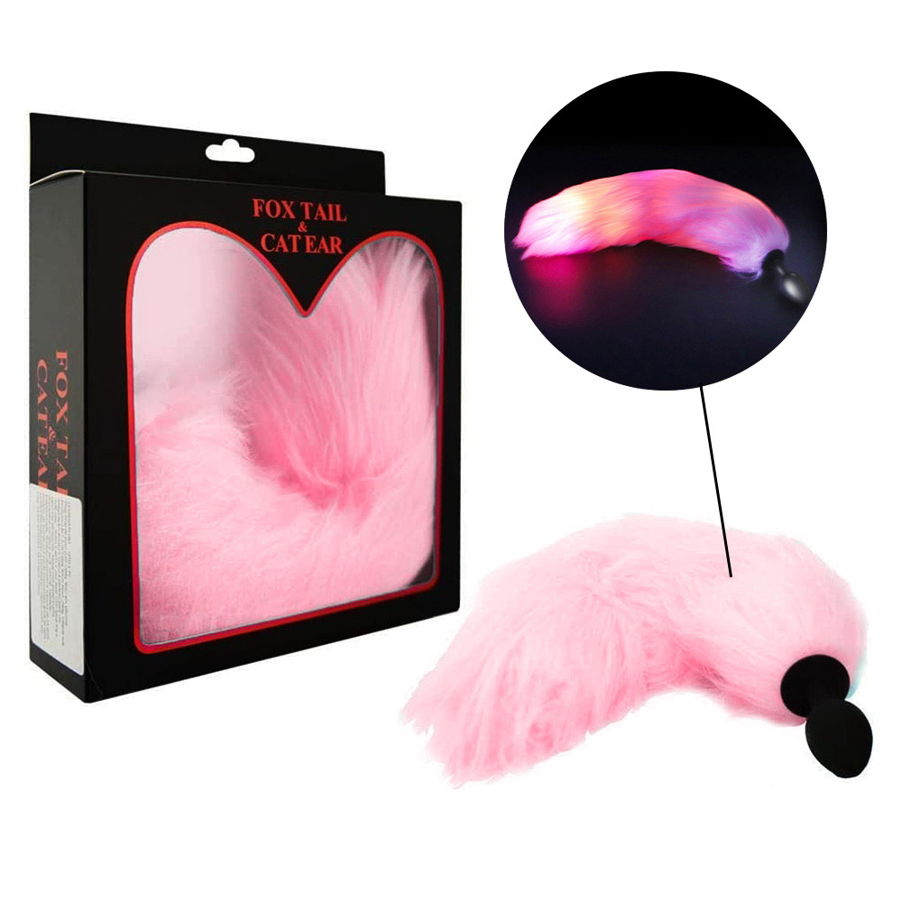 Plug Anal Rabo em Silicone Preto com Cauda de Pelúcia com Pisca Pisca Rosa  :: Sex Shop Loja do Prazer