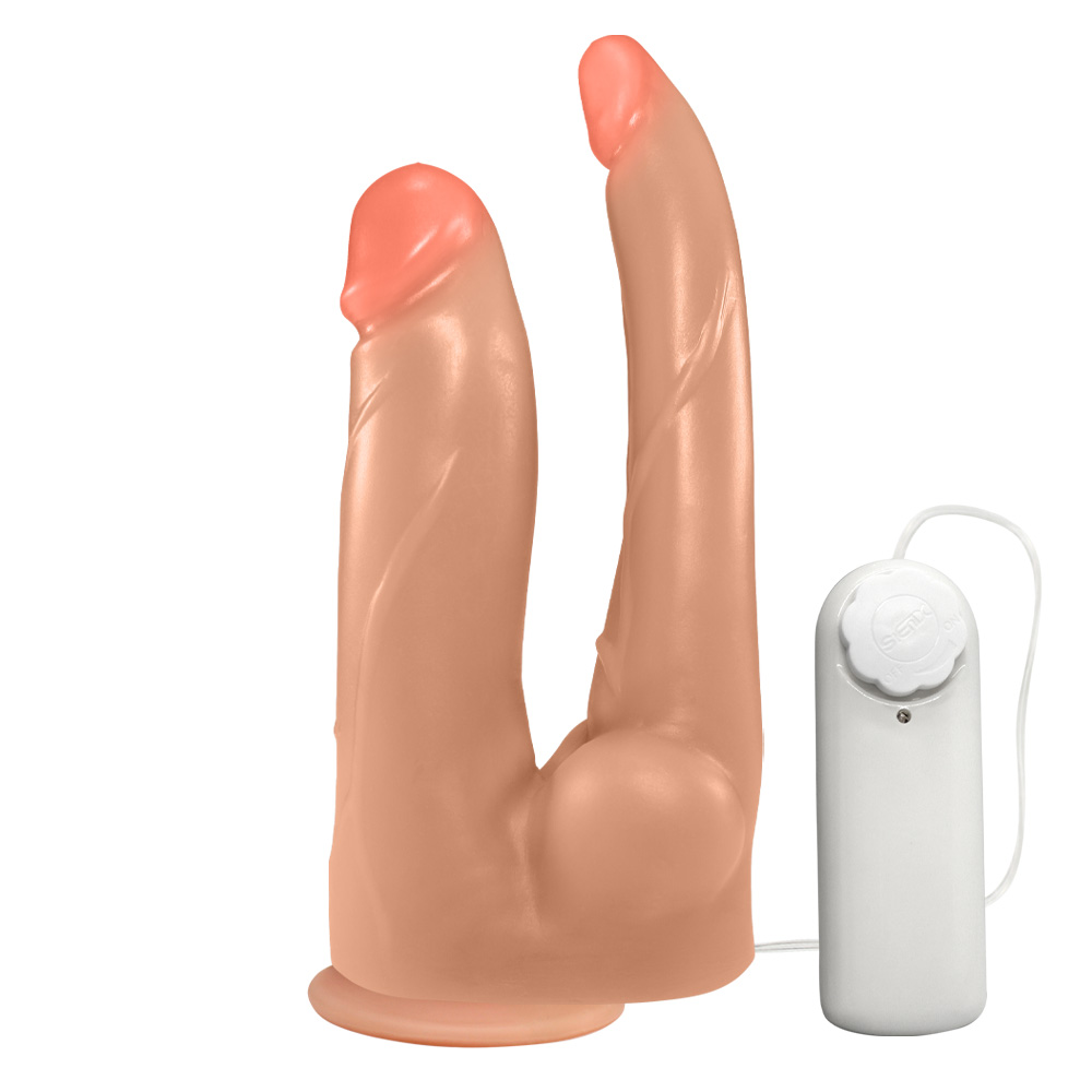 Pênis Duplo com Veias, Vibrador e Ventosa 12 x 3,5 cm e 13,7 x 2,5cm Bege  :: Sex Shop Loja do Prazer