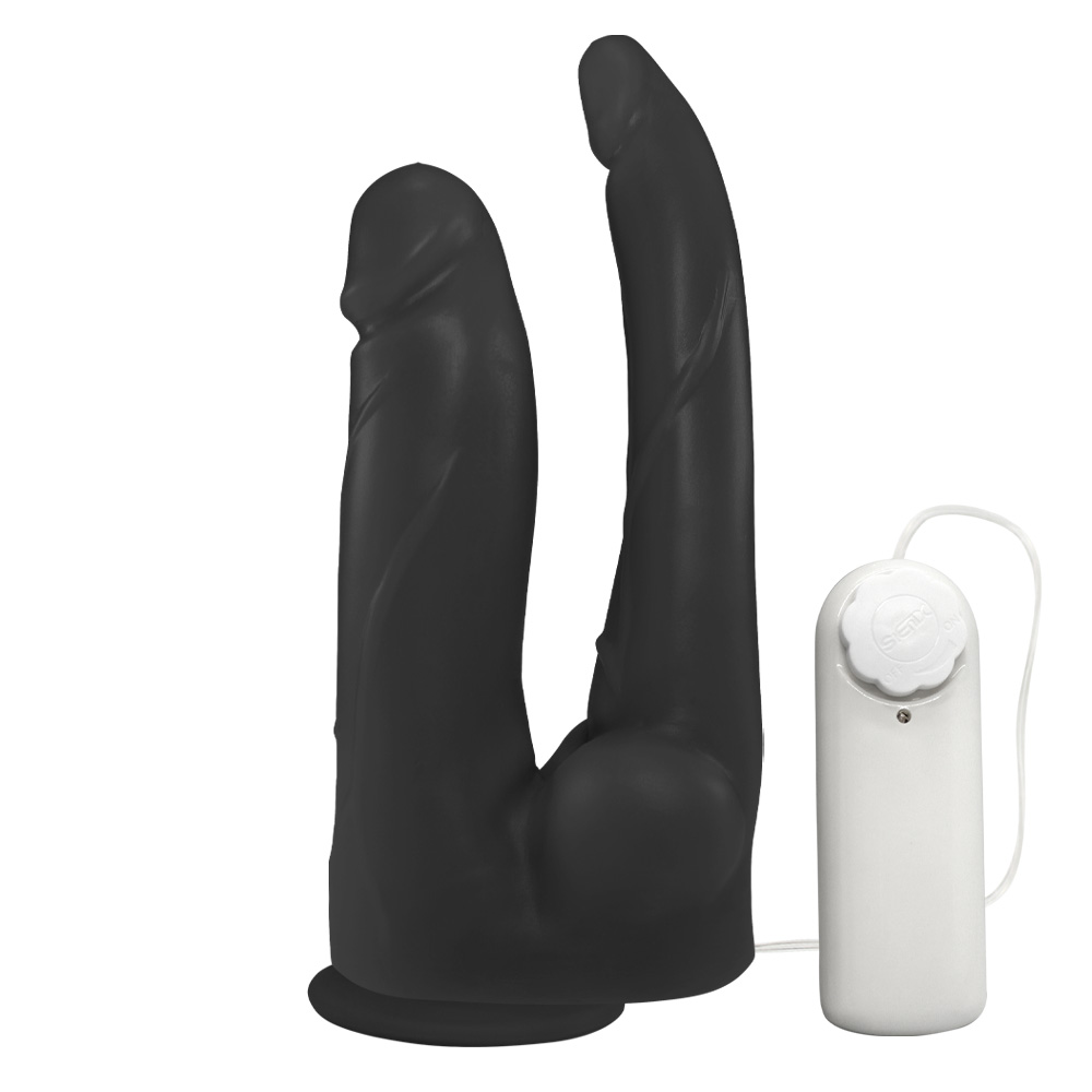 Pênis Duplo com Veias, Vibrador e Ventosa 12 x 3,5 cm e 13,7 x 2,5cm Preto  :: Sex Shop Loja do Prazer